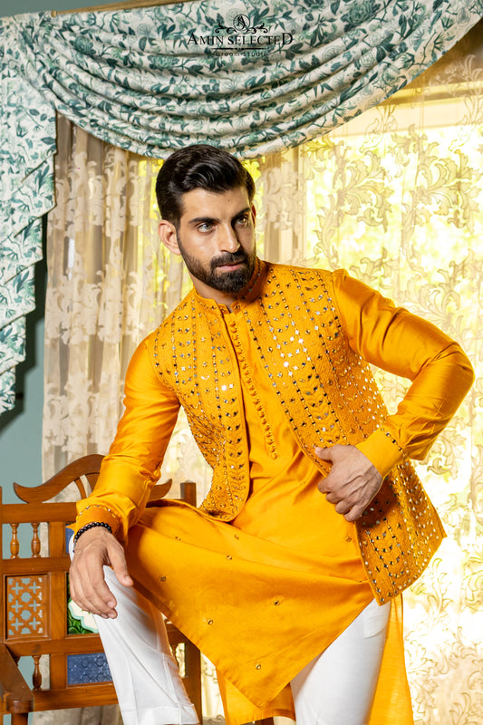 Mango Yellow Mirror Work Waistcoat with Raw Silk Kurta | Mehndi Festive Set