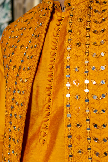 Mango Yellow Mirror Work Waistcoat with Raw Silk Kurta | Mehndi Festive Set