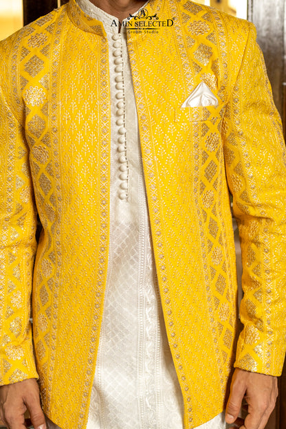 Sun-Glow Yellow Jamawar Prince Coat | Luxury Mehndi & Festive Wear - Amin Selected 