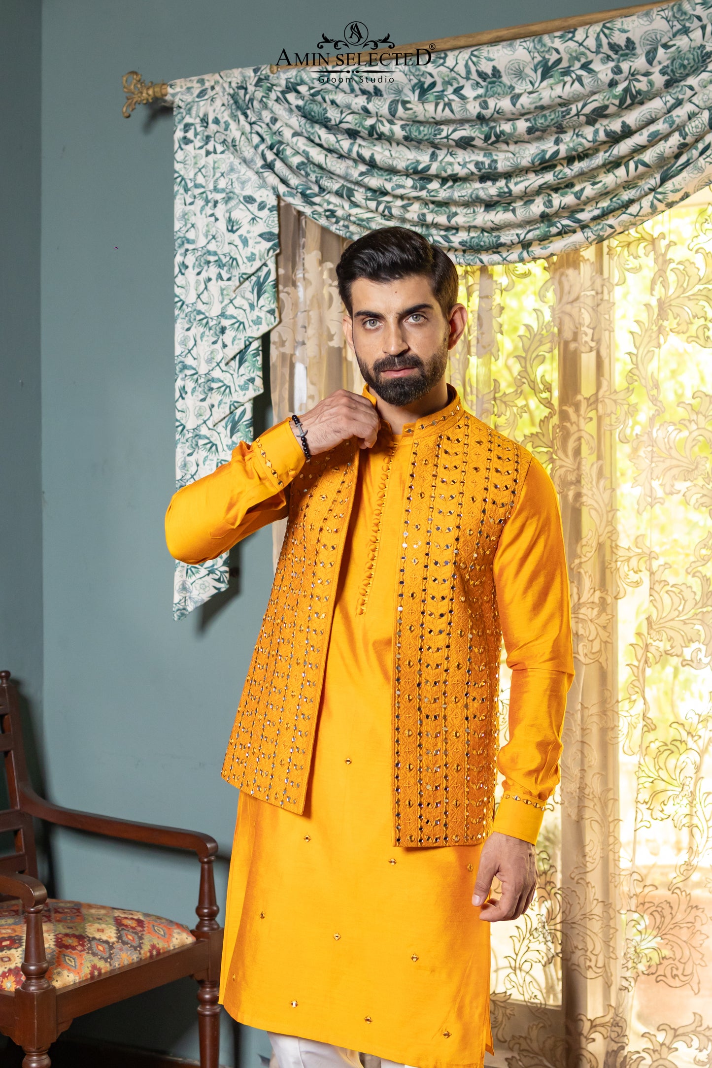 Mango Yellow Mirror Work Waistcoat with Raw Silk Kurta | Mehndi Festive Set
