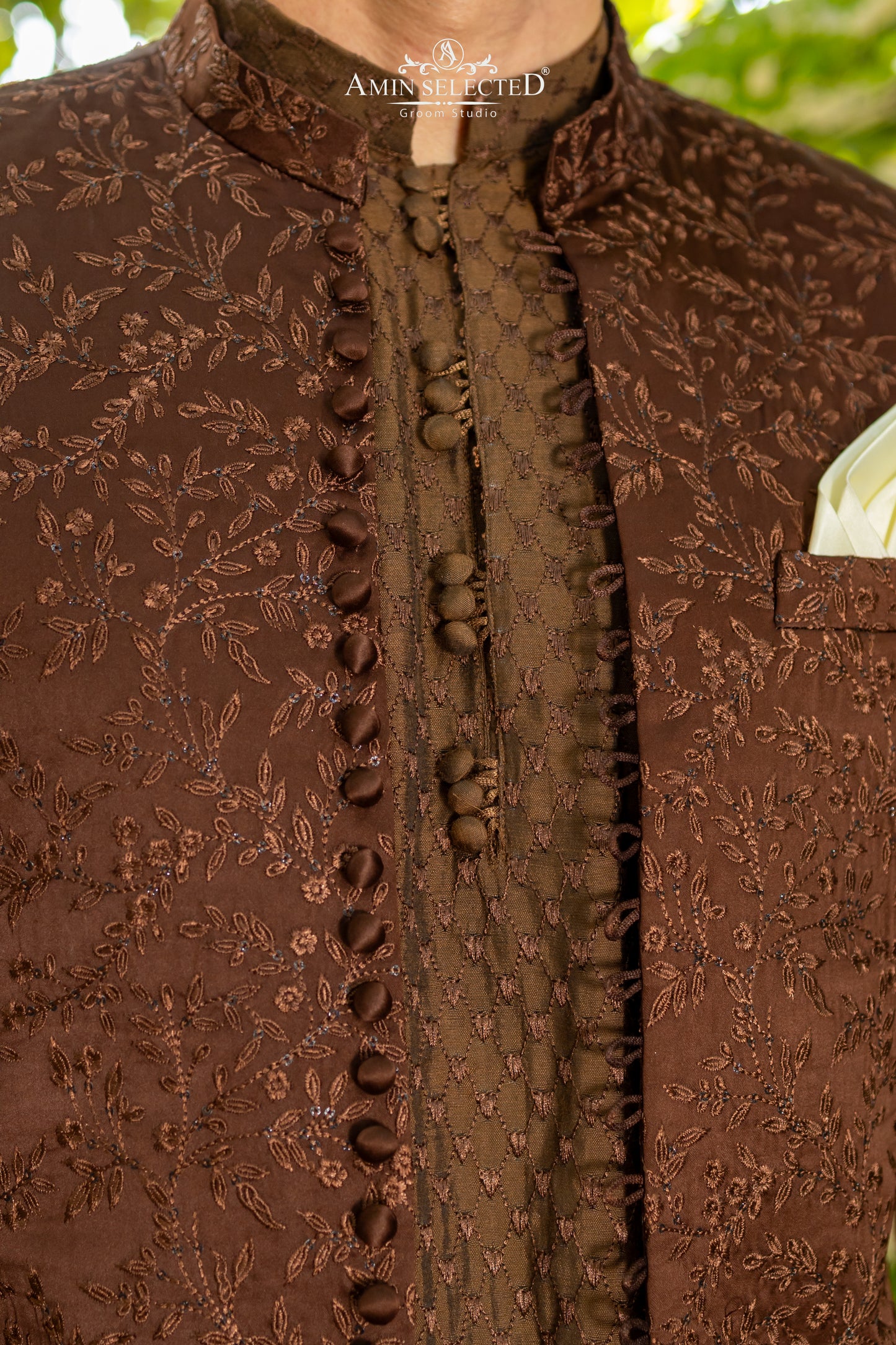 Deep Coffee Brown Embroidered Prince Coat | Luxury Walima & Reception Wear