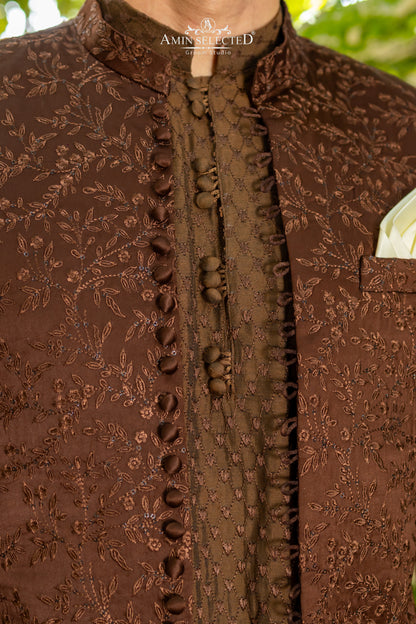 Deep Coffee Brown Embroidered Prince Coat | Luxury Walima & Reception Wear