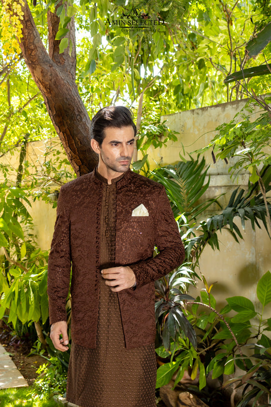 Deep Coffee Brown Embroidered Prince Coat | Luxury Walima & Reception Wear