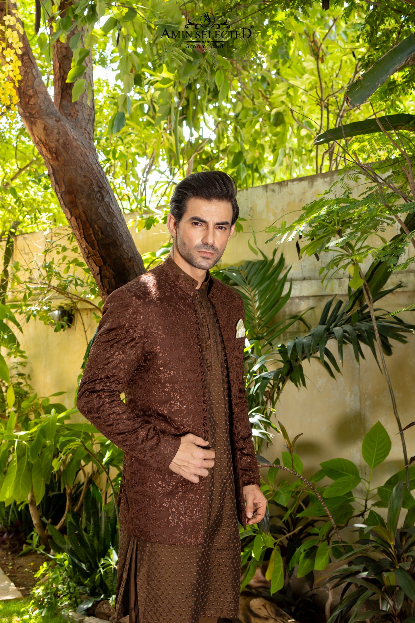 Deep Coffee Brown Embroidered Prince Coat | Luxury Walima & Reception Wear