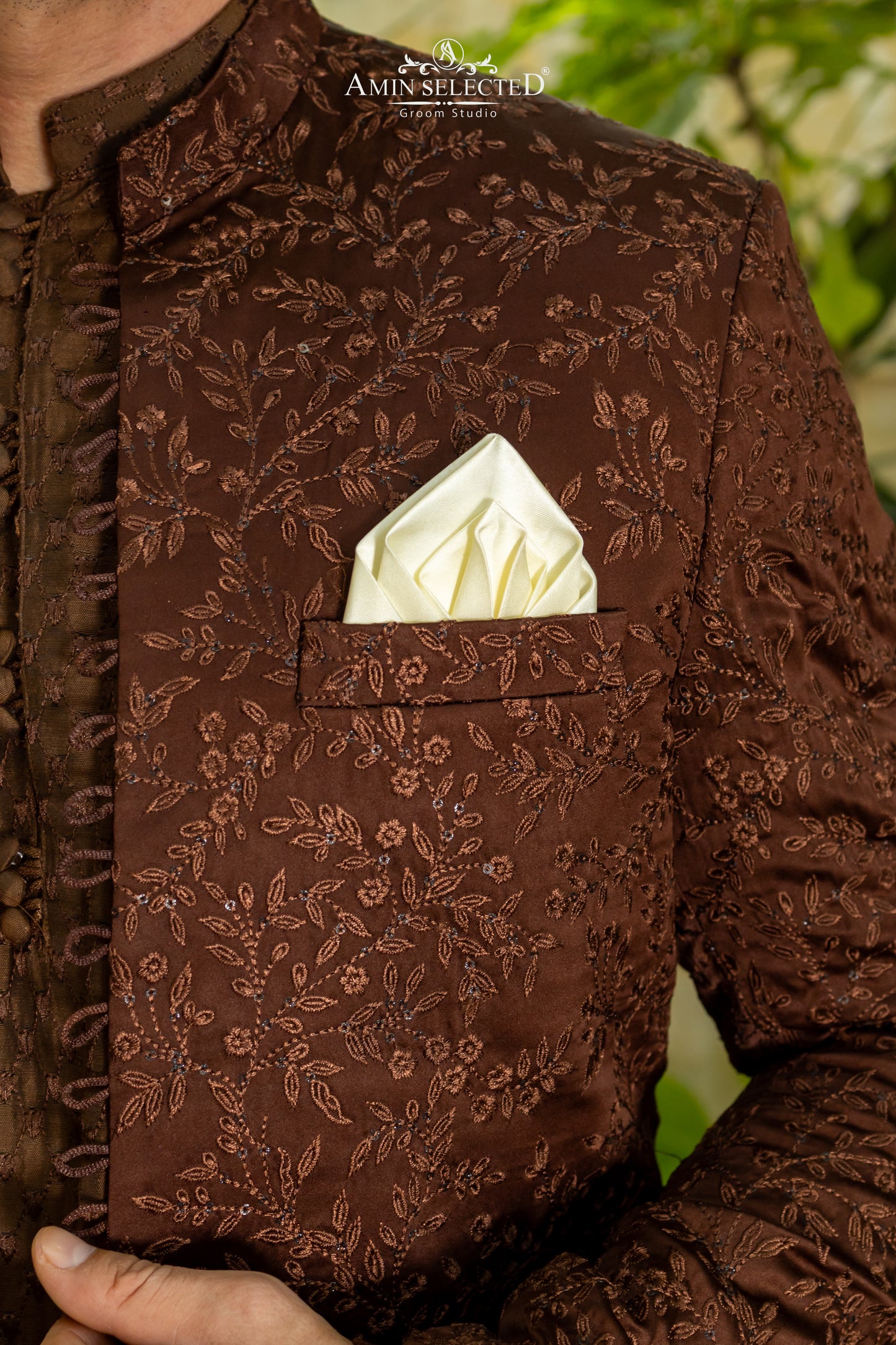 Deep Coffee Brown Embroidered Prince Coat | Luxury Walima & Reception Wear