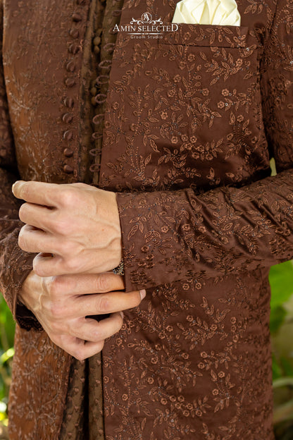 Deep Coffee Brown Embroidered Prince Coat | Luxury Walima & Reception Wear