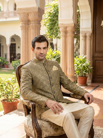 Antique Gold Mesori Embroidered Prince Coat with Gold Sequins | Walima & Barat Groom Wear | Amin Selected - Amin Selected 