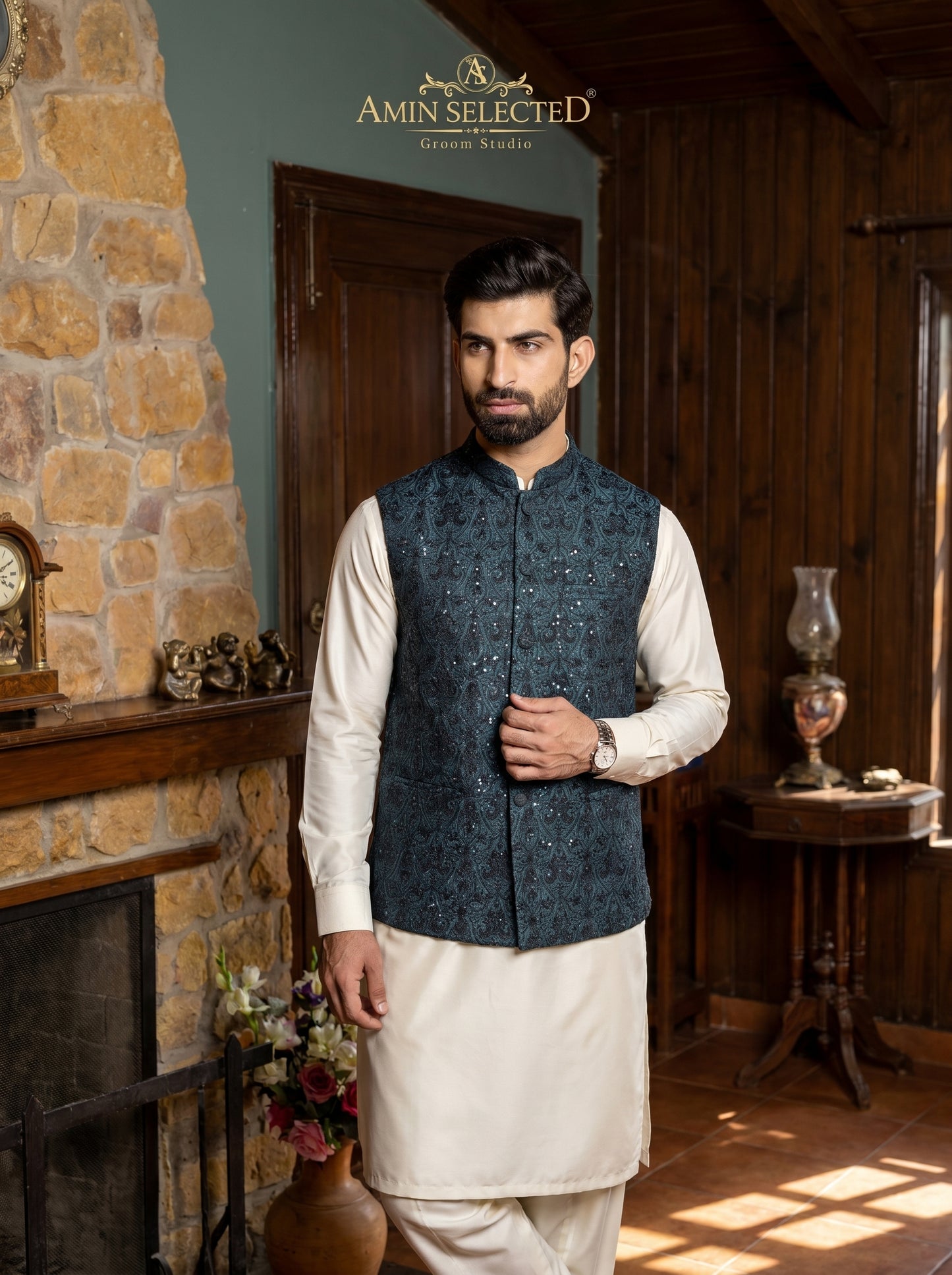 Petrol Teal Jamawar Arabesque Embroidered Sequin Waistcoat Front View – Barat Mehndi Groom Wear Amin Selected Karachi