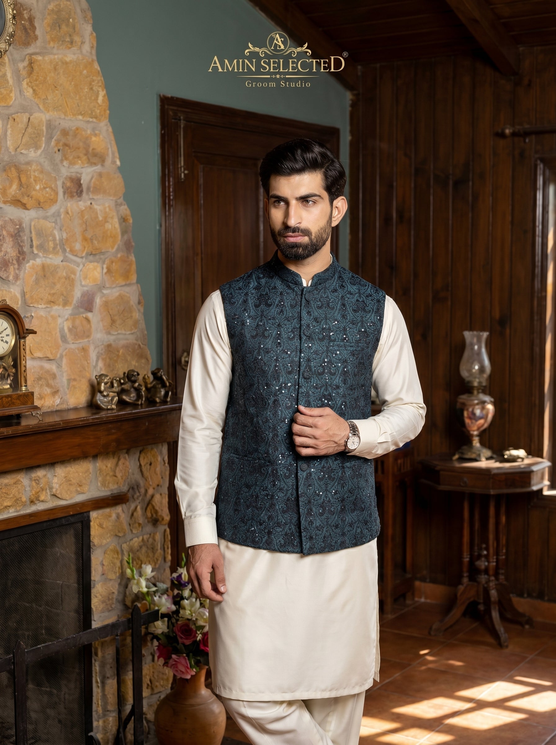 Petrol Teal Jamawar Arabesque Embroidered Sequin Waistcoat Front View – Barat Mehndi Groom Wear Amin Selected Karachi