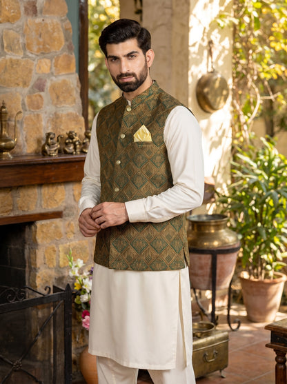 Bottle Green Gold Diamond Lattice Embroidered Raw Silk Waistcoat Front View – Barat Walima Groom Wear Amin Selected Karachi