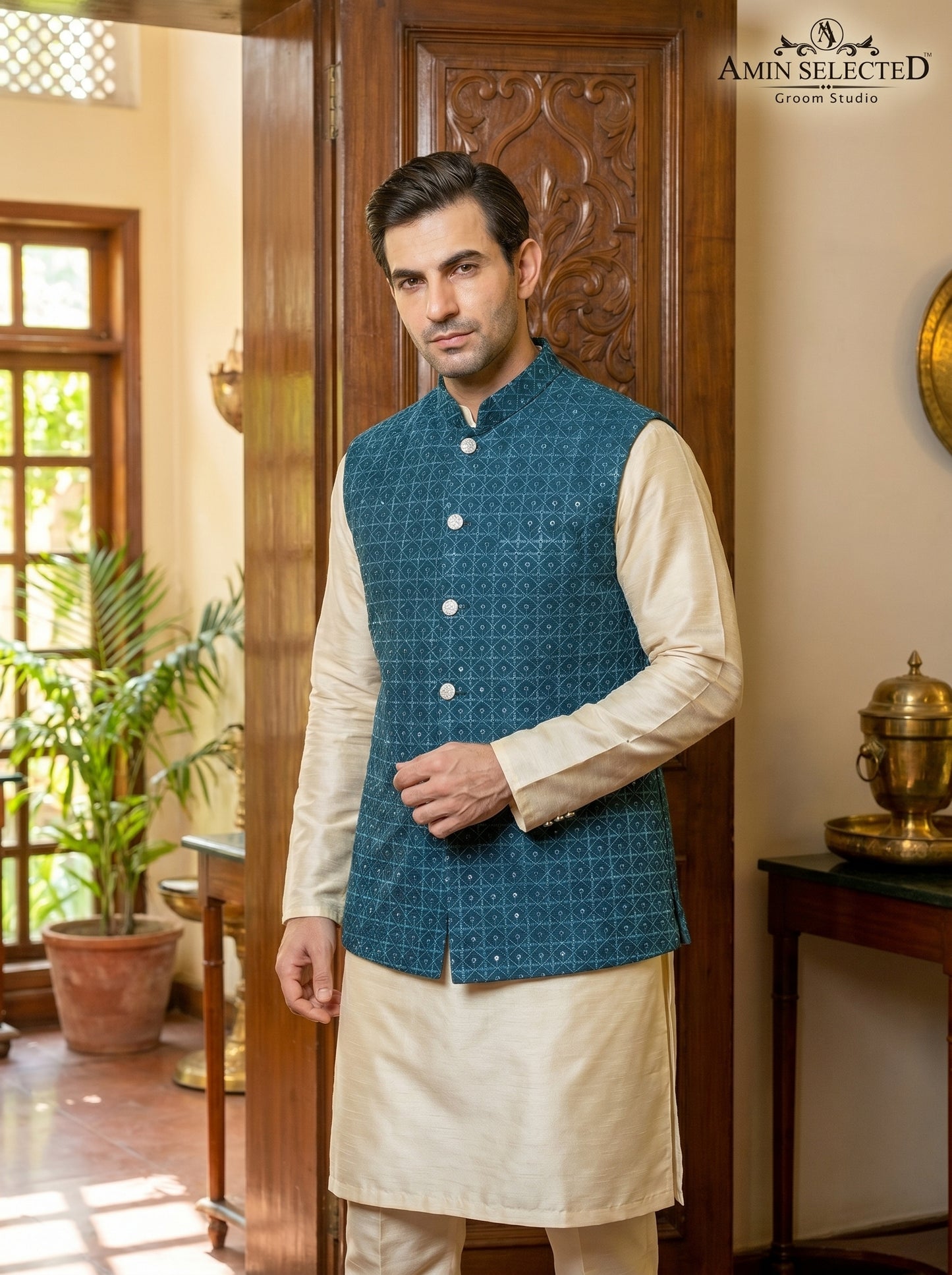 Steel Blue Raw Silk Diamond Booti Embroidered Crystal Stud Waistcoat Front View – Mehndi Nikkah Groom Wear Amin Selected Karachi