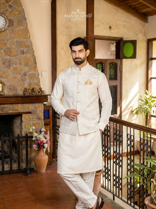 Ivory Raw Silk Panel Embroidered Mughal Arch Motif Waistcoat Front View – Walima Nikkah Groom Wear Amin Selected Karachi