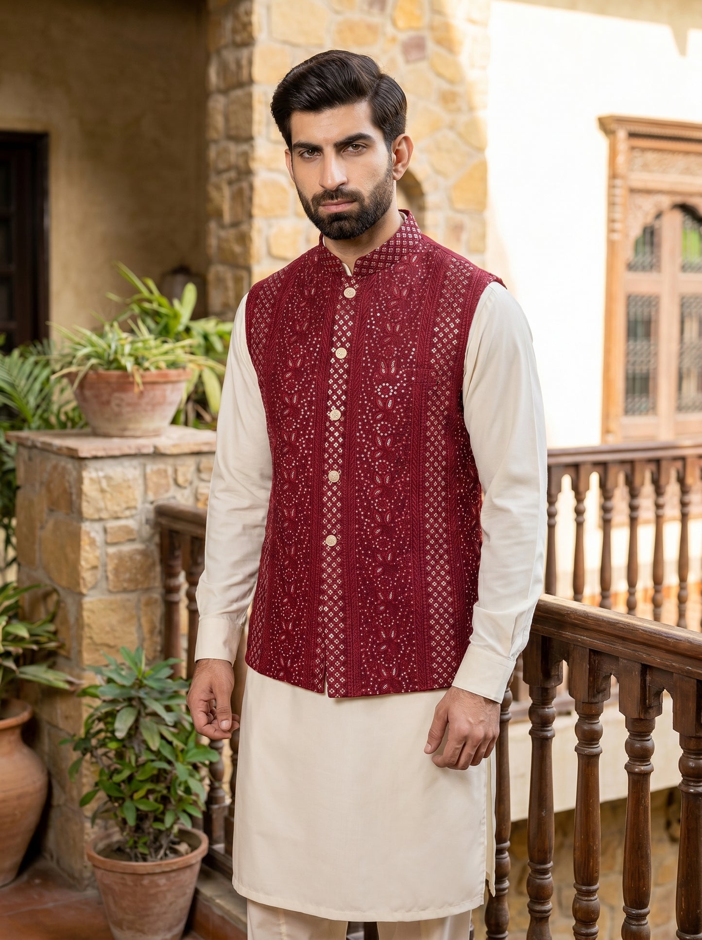 Maroon Raw Silk Silver Sequin Striped Embroidered Waistcoat Front View – Barat Reception Groom Wear Amin Selected Karachi