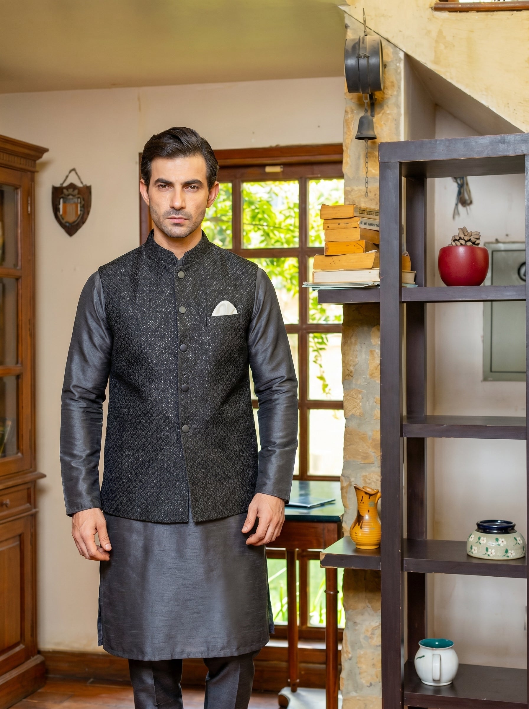 Charcoal Grey Raw Silk Diamond Weave Waistcoat Front View – Versatile Groom Wear Amin Selected Karachi