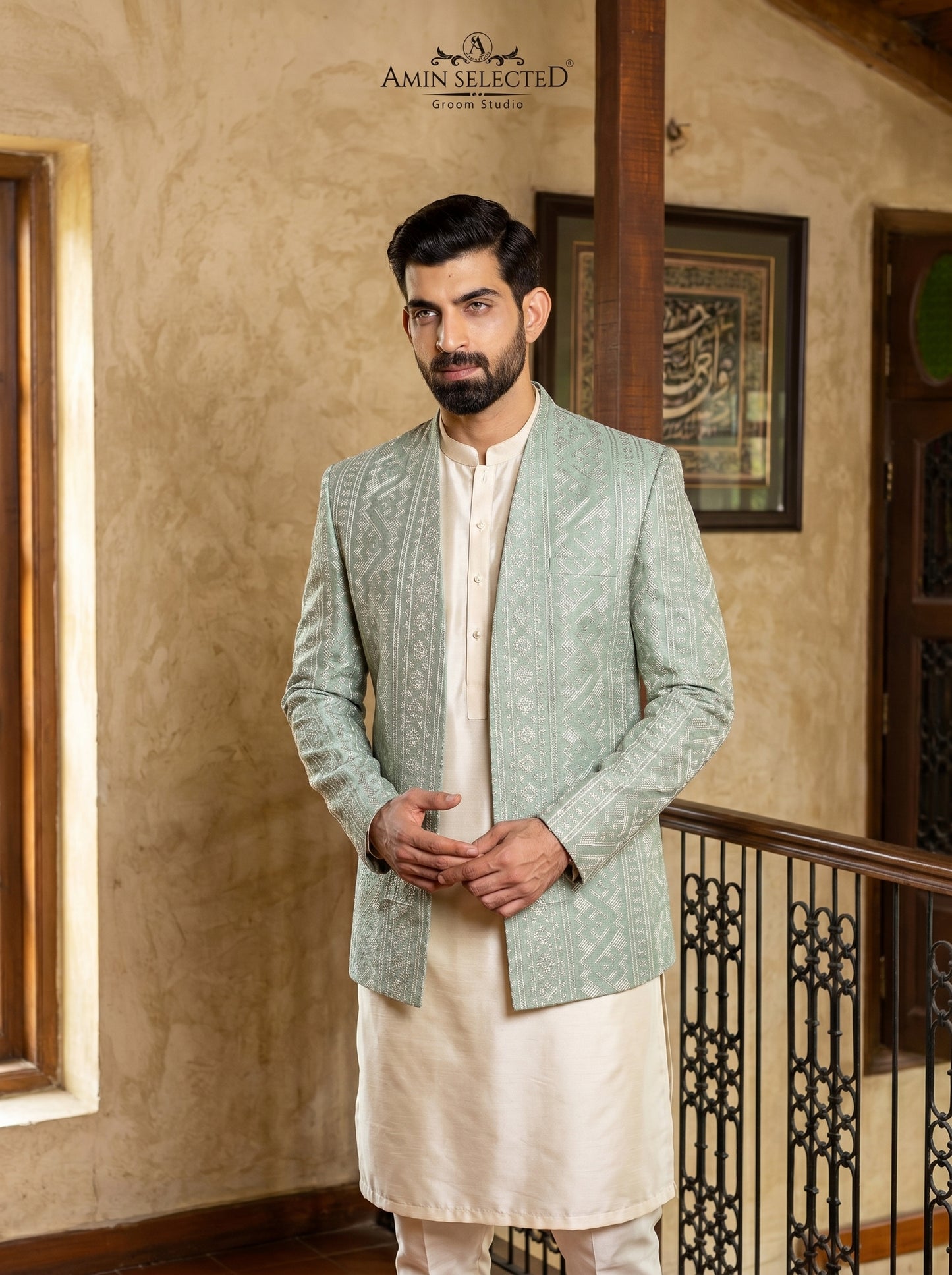 Sage Green Jamawar Self-Embroidered Open-Front Prince Coat | Mehndi & Nikkah Groom Wear | Amin Selected - Amin Selected 