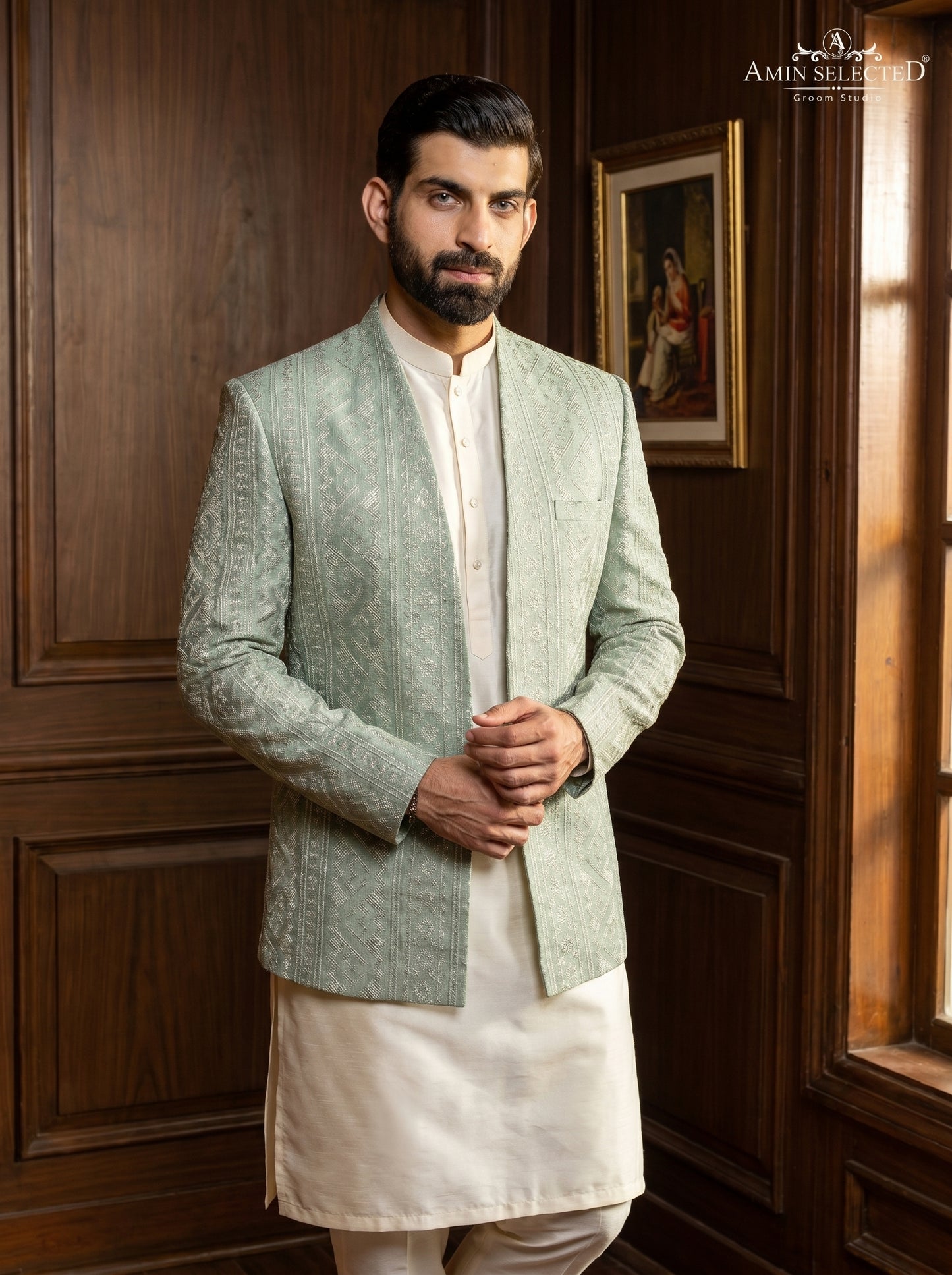 Sage Green Jamawar Self-Embroidered Open Front Prince Coat – Mehndi Nikkah Groom Wear Amin Selected Karachi