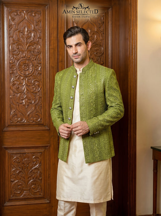 Mehndi Olive Heavy Embroidered Raw Silk Prince Coat Front View – Amin Selected Groom Wear Karachi