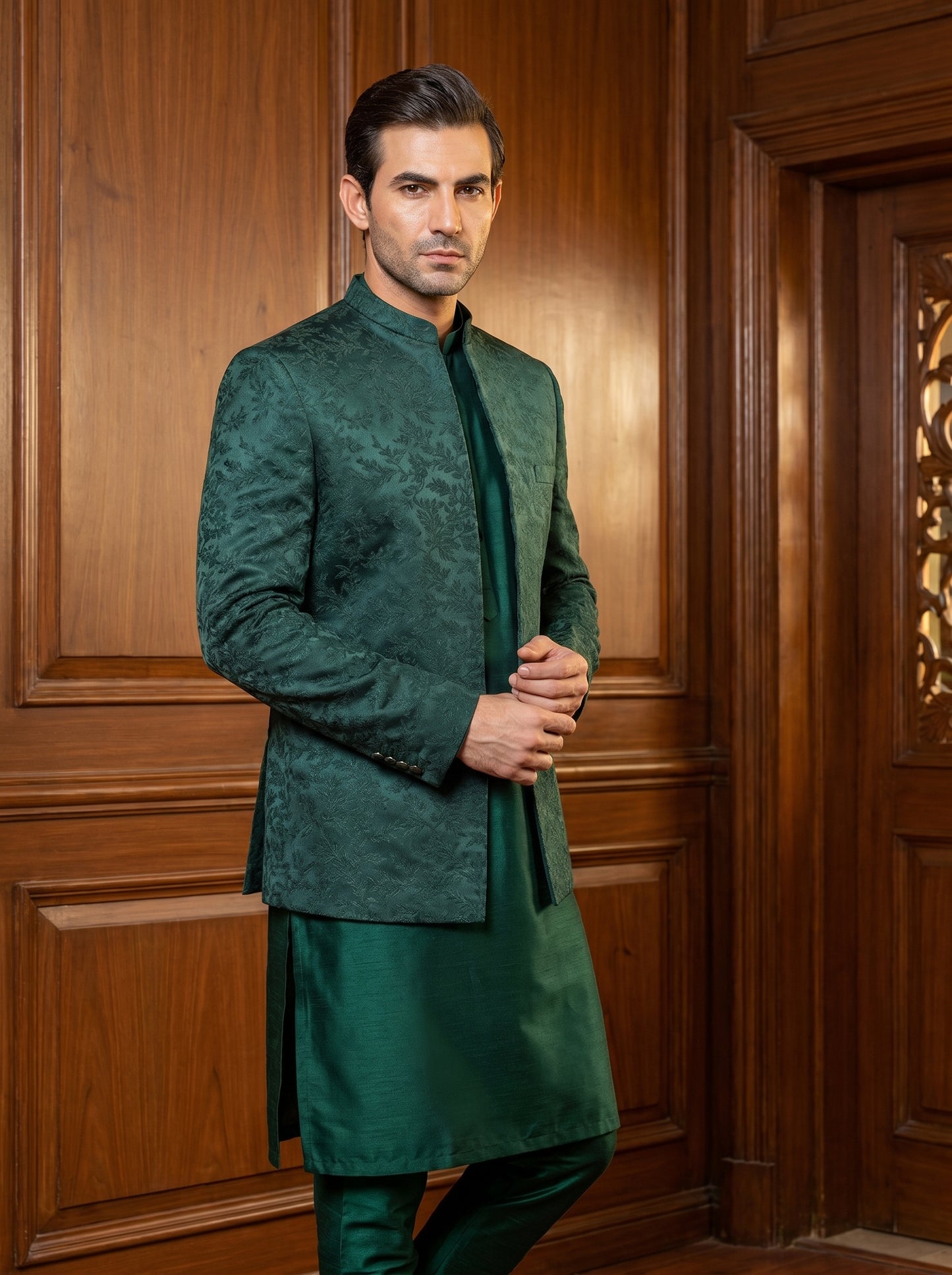Bottle Green Self-Embroidered Satin Silk Prince Coat | Walima & Barat Groom Wear | Amin Selected - Amin Selected 