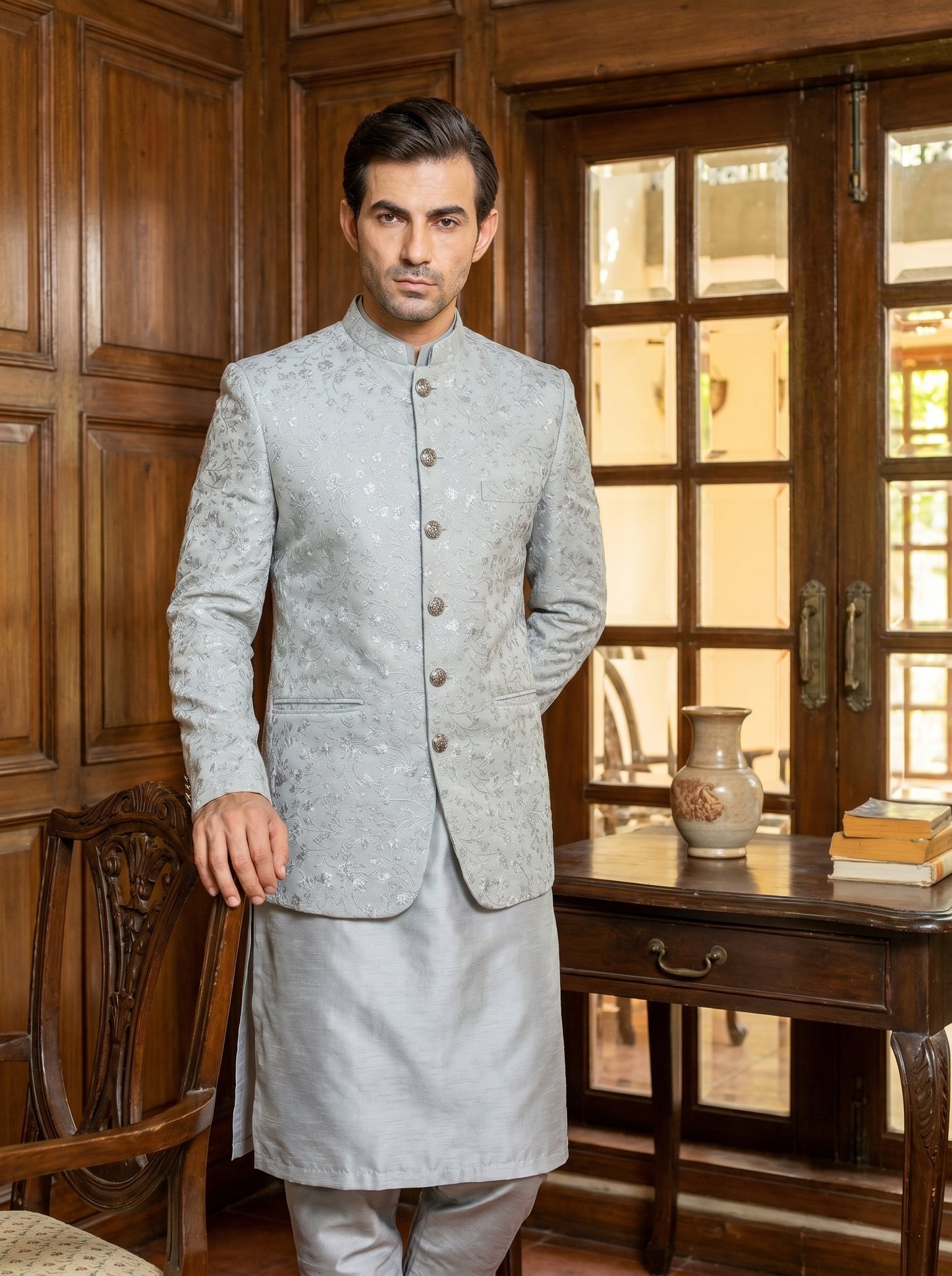 Ice Grey Jamawar Embroidered Prince Coat Front View – Barat Groom Wear Amin Selected Karachi