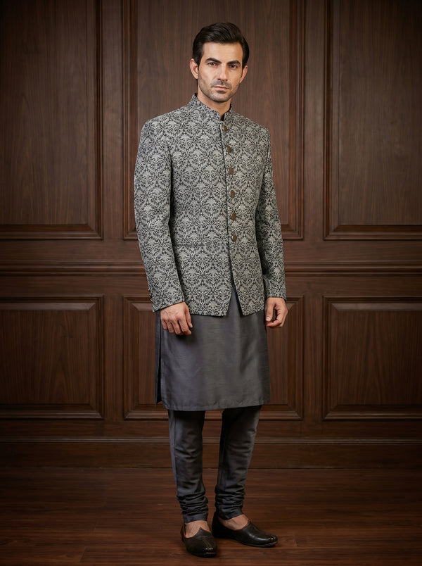 Charcoal Ivory Embossed Jamawar Prince Coat Front View – Royal Barat Groom Wear Amin Selected Karachi