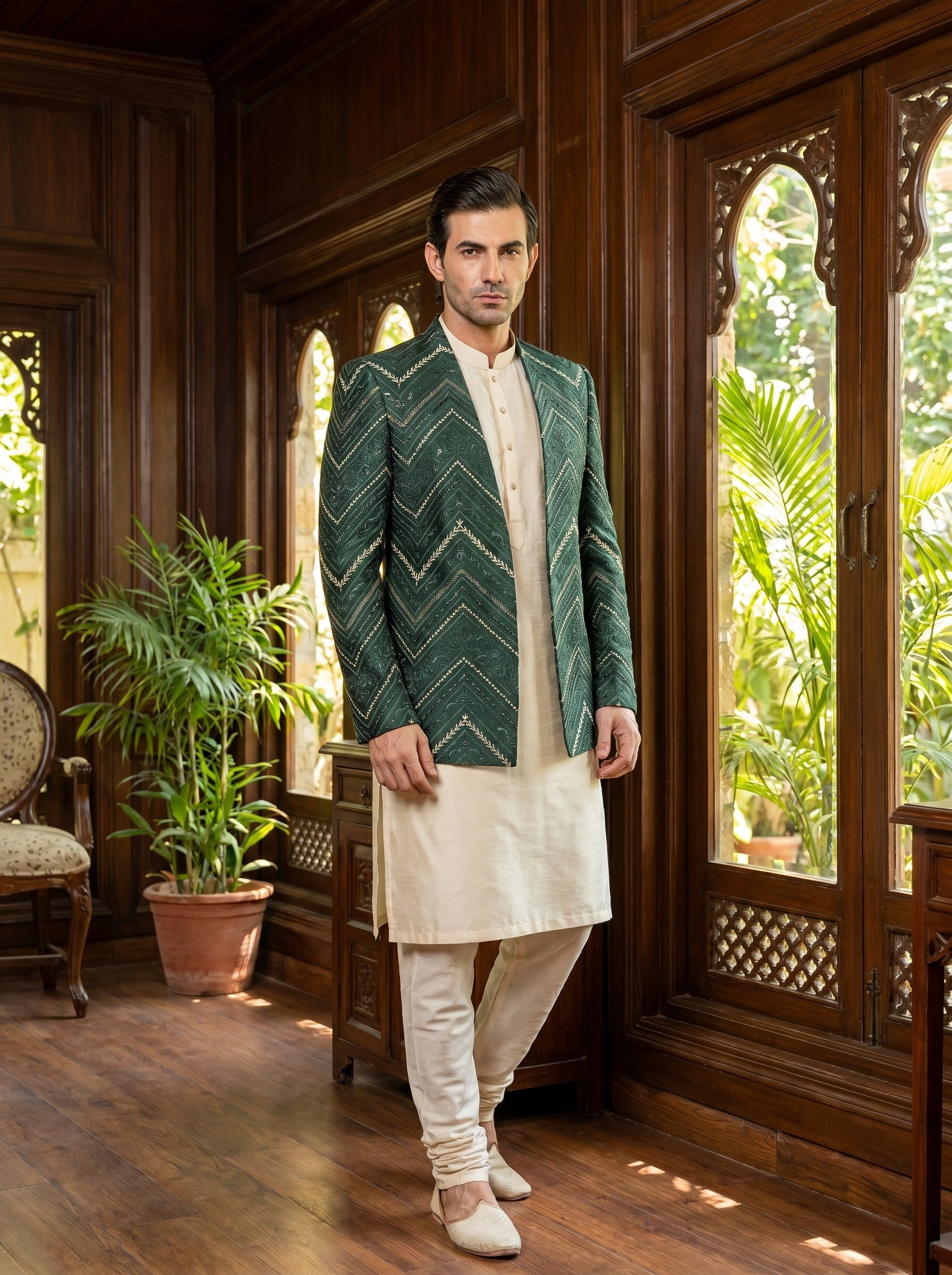 Forest Green Raw Silk Gold Zari Chevron Embroidered Open Front Prince Coat – Mehndi Groom Wear Amin Selected Karachi