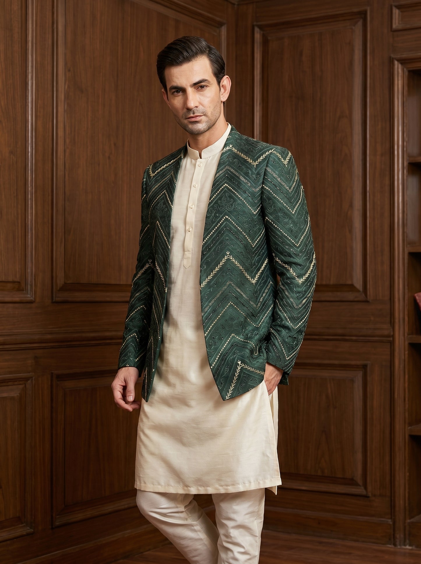 Forest Green Raw Silk Zari Chevron Embroidered Open-Front Prince Coat | Mehndi & Barat Wear | Amin Selected - Amin Selected 