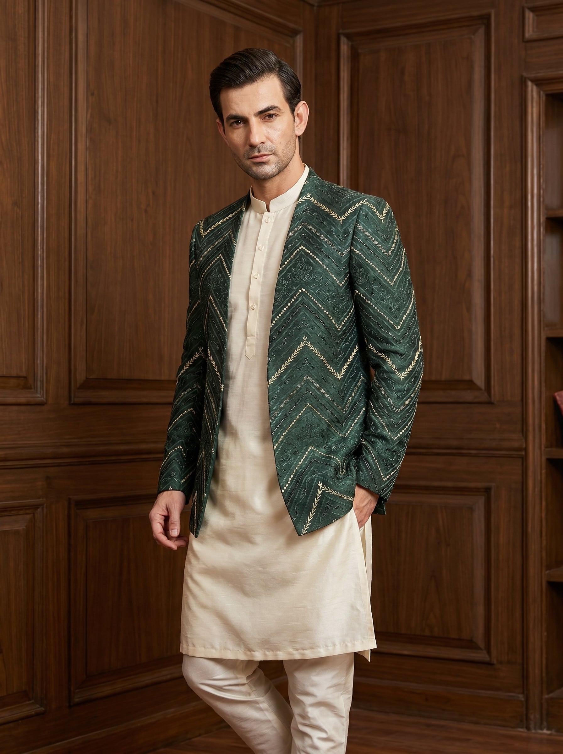Forest Green Raw Silk Zari Chevron Embroidered Open-Front Prince Coat | Mehndi & Barat Wear | Amin Selected - Amin Selected 