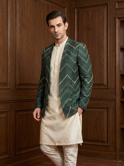 Forest Green Raw Silk Zari Chevron Embroidered Open-Front Prince Coat | Mehndi & Barat Wear | Amin Selected - Amin Selected 