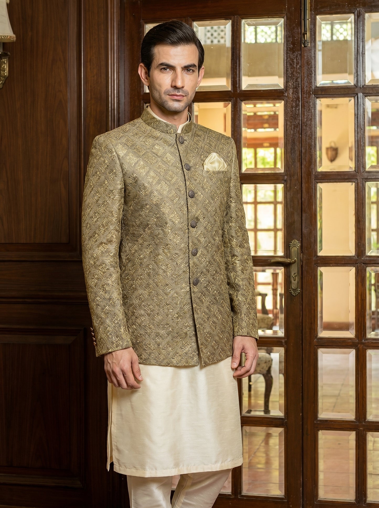 Antique Gold Mesori Embroidered Sequin Prince Coat Front View – Walima Barat Groom Wear Amin Selected Karachi