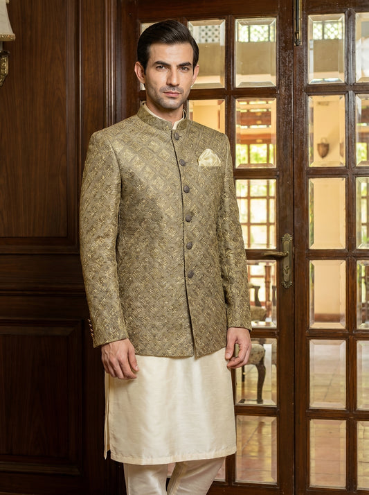 Antique Gold Mesori Embroidered Sequin Prince Coat Front View – Walima Barat Groom Wear Amin Selected Karachi