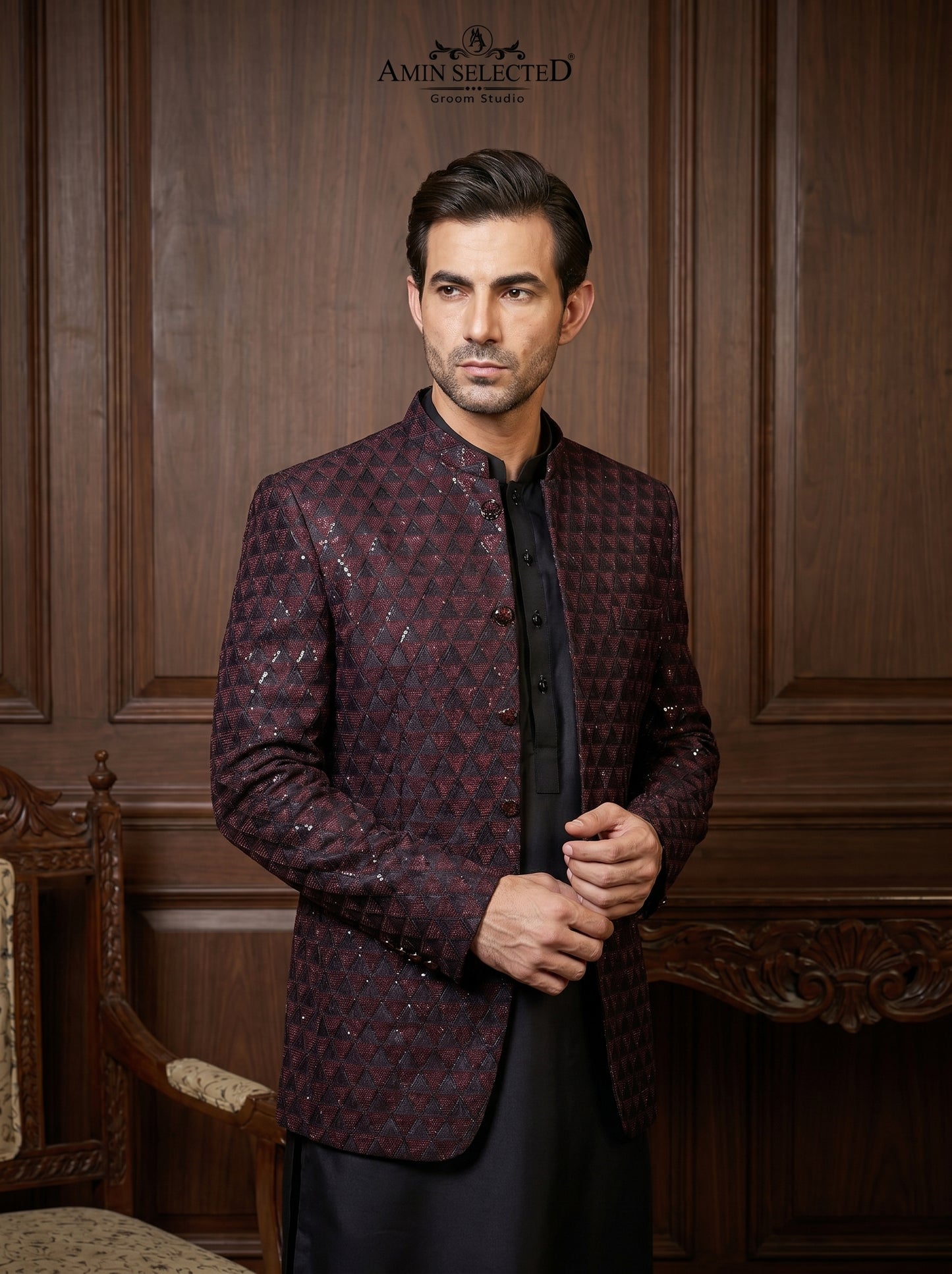 Maroon Black Geometric Embroidered Satin Silk Prince Coat with Sequins | Barat & Reception Wear | Amin Selected - Amin Selected 
