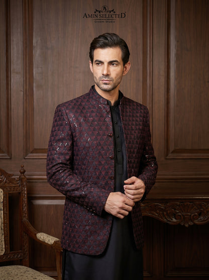 Maroon Black Geometric Embroidered Satin Silk Prince Coat with Sequins | Barat & Reception Wear | Amin Selected - Amin Selected 