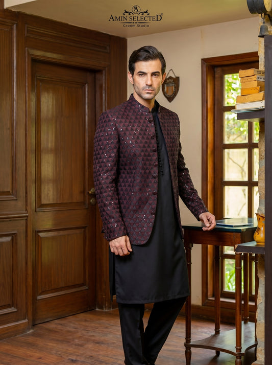 Maroon Black Geometric Embroidered Satin Silk Sequin Prince Coat Front View – Barat Groom Wear Amin Selected Karachi