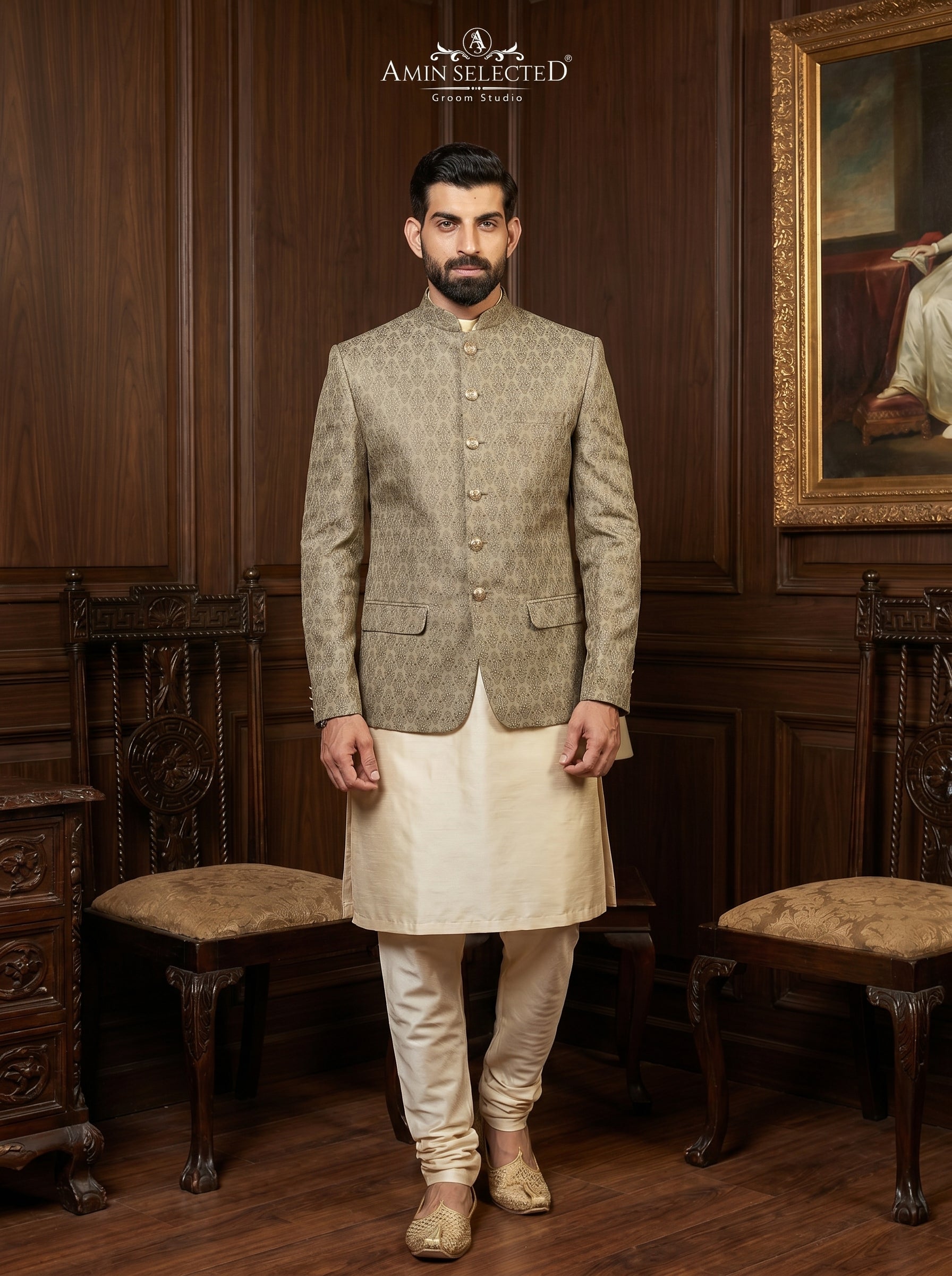 Champagne Gold Jamawar Damask Prince Coat with Engraved Coin Buttons Front View – Walima Groom Wear Amin Selected Karachi