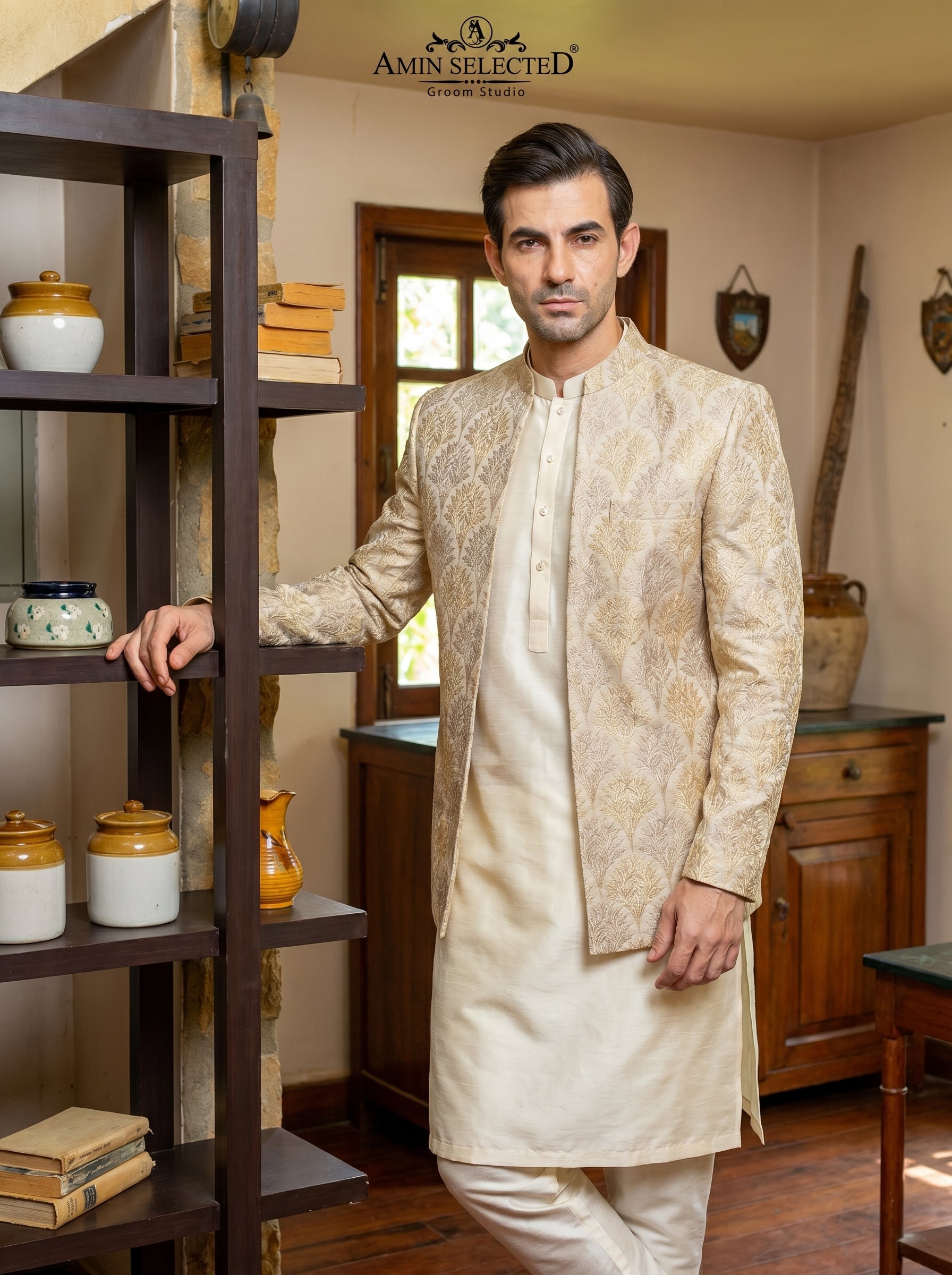 Ivory Raw Silk Gold Silver Botanical Embroidered Open Front Prince Coat – Walima Barat Groom Wear Amin Selected Karachi
