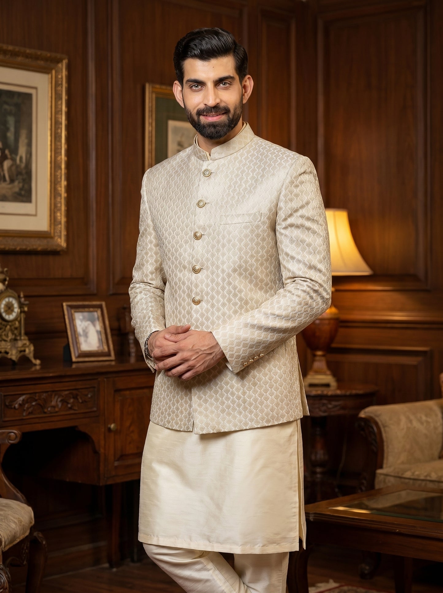 Pearl Gold Ombre Raw Silk Embroidered Prince Coat with Gold Medallion Buttons | Walima & Barat Groom Wear | Amin Selected - Amin Selected 
