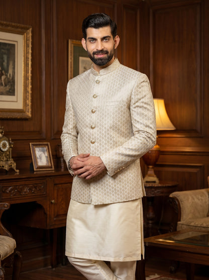 Pearl Gold Ombre Raw Silk Embroidered Prince Coat with Gold Medallion Buttons | Walima & Barat Groom Wear | Amin Selected - Amin Selected 