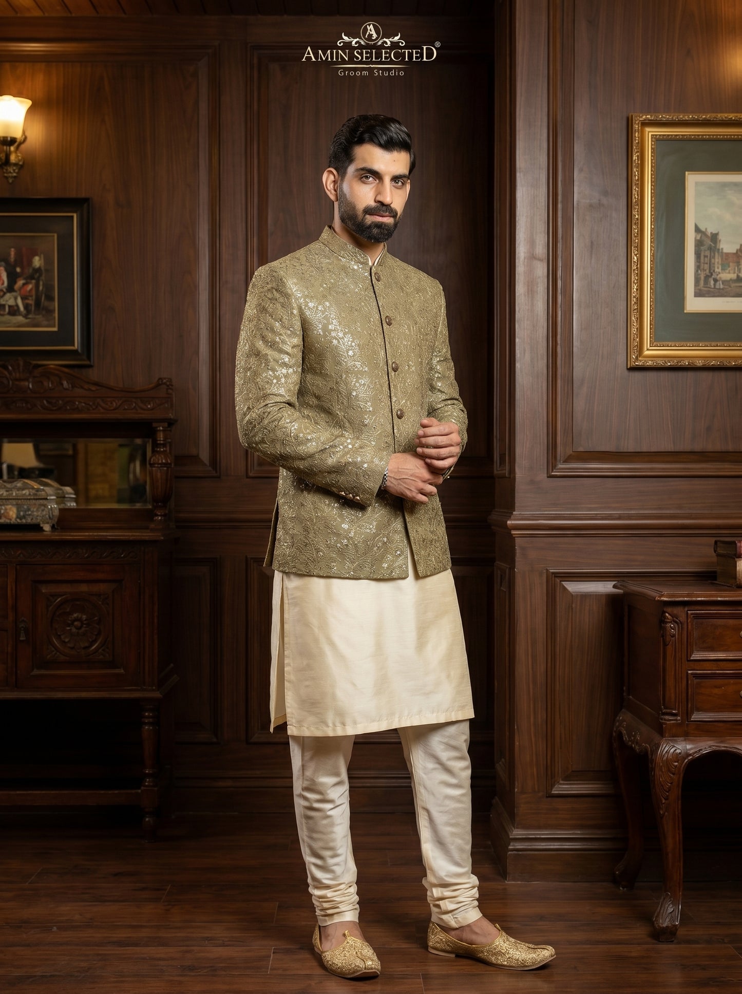Olive Khaki Raw Silk Heavy Floral Botanical Embroidered Sequin Prince Coat Front View – Barat Walima Groom Wear Amin Selected Karachi