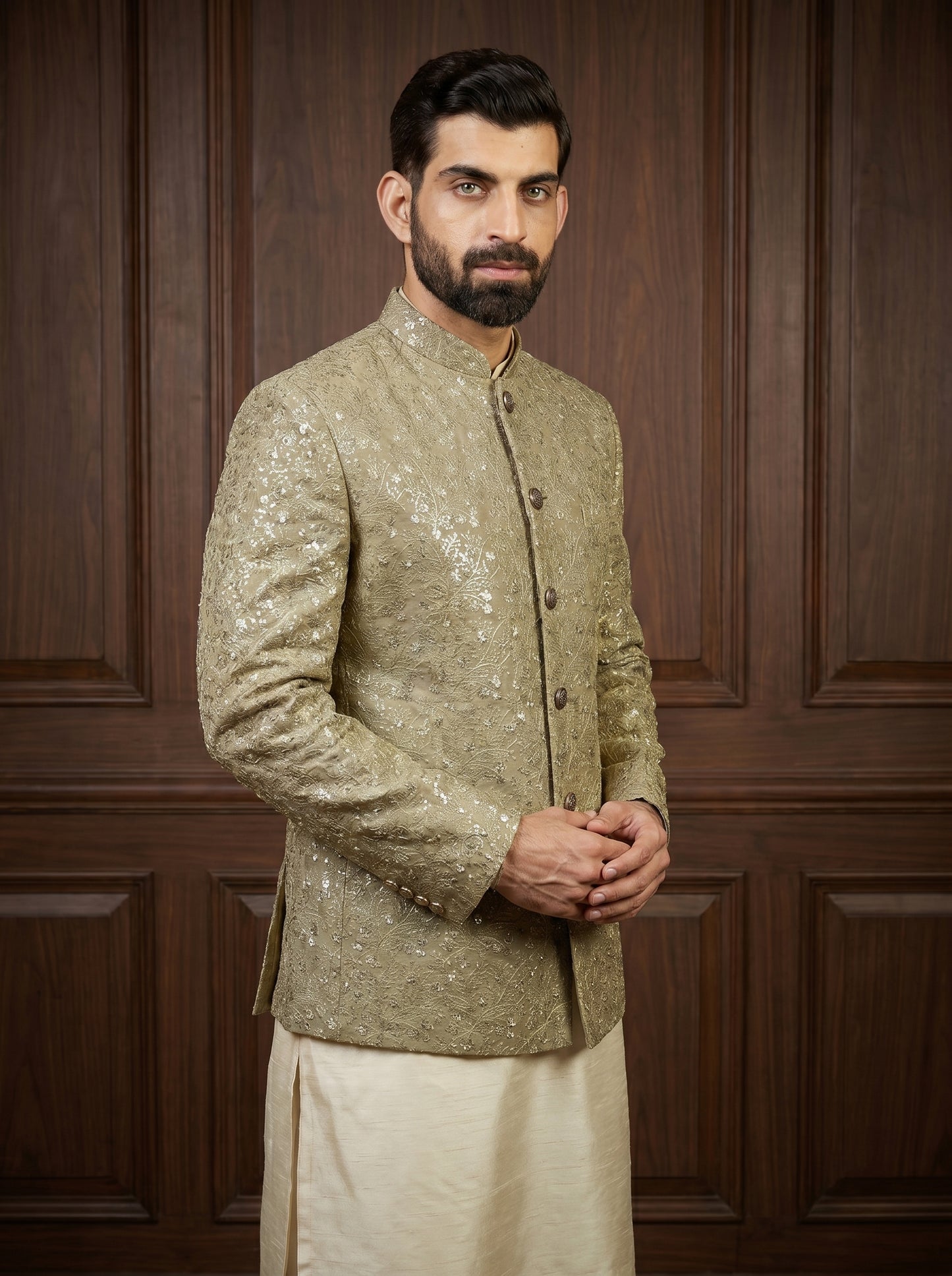 Olive Khaki Raw Silk Heavy Floral Embroidered Prince Coat with Sequins | Barat & Walima Groom Wear | Amin Selected - Amin Selected 