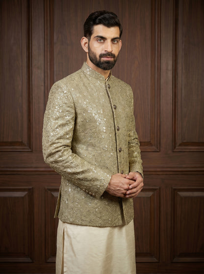 Olive Khaki Raw Silk Heavy Floral Embroidered Prince Coat with Sequins | Barat & Walima Groom Wear | Amin Selected - Amin Selected 