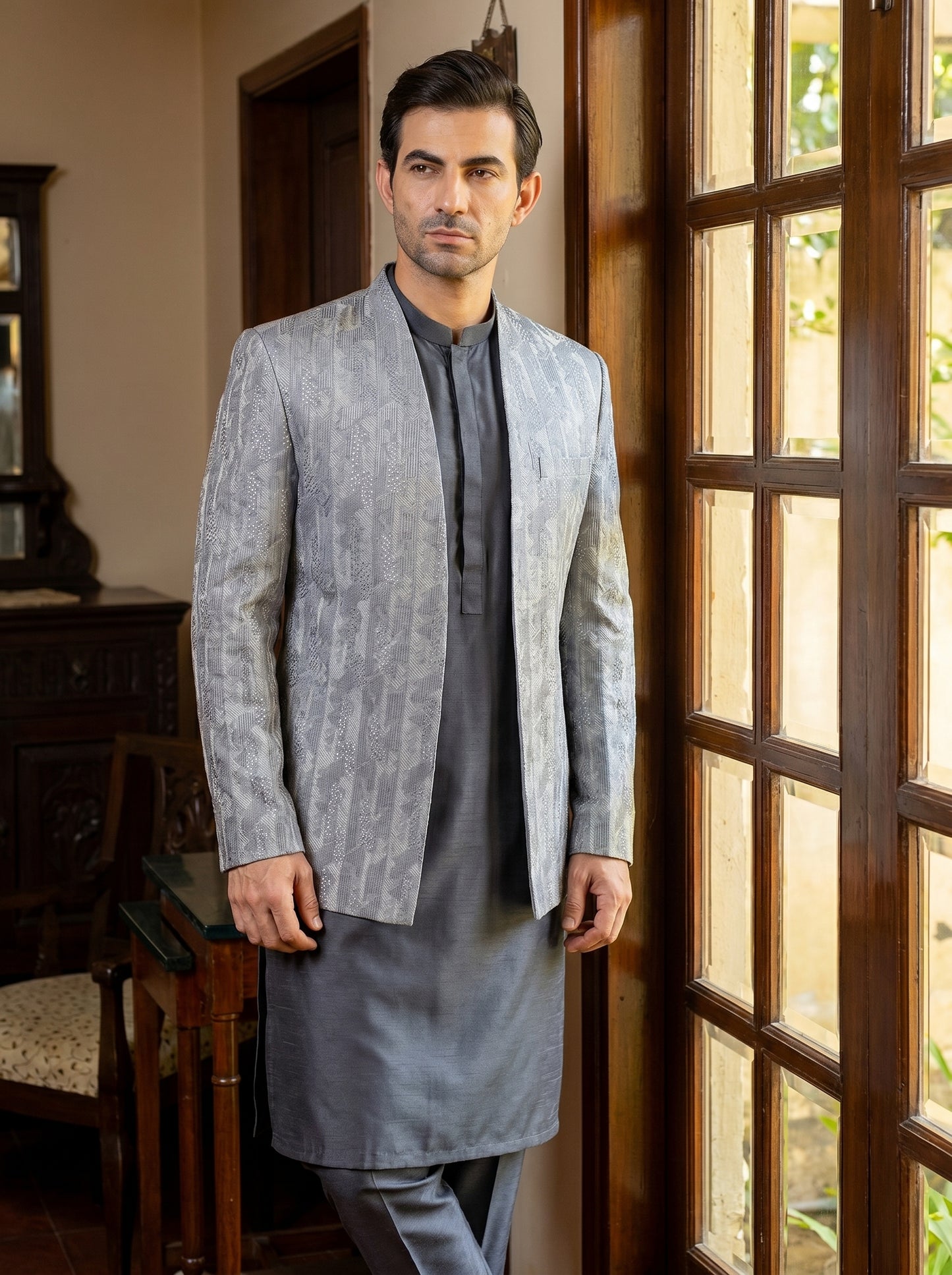 Silver Grey Raw Silk Abstract Geometric Embroidered Open-Front Prince Coat with Crystal Sequins | Reception & Barat Wear | Amin Selected - Amin Selected 