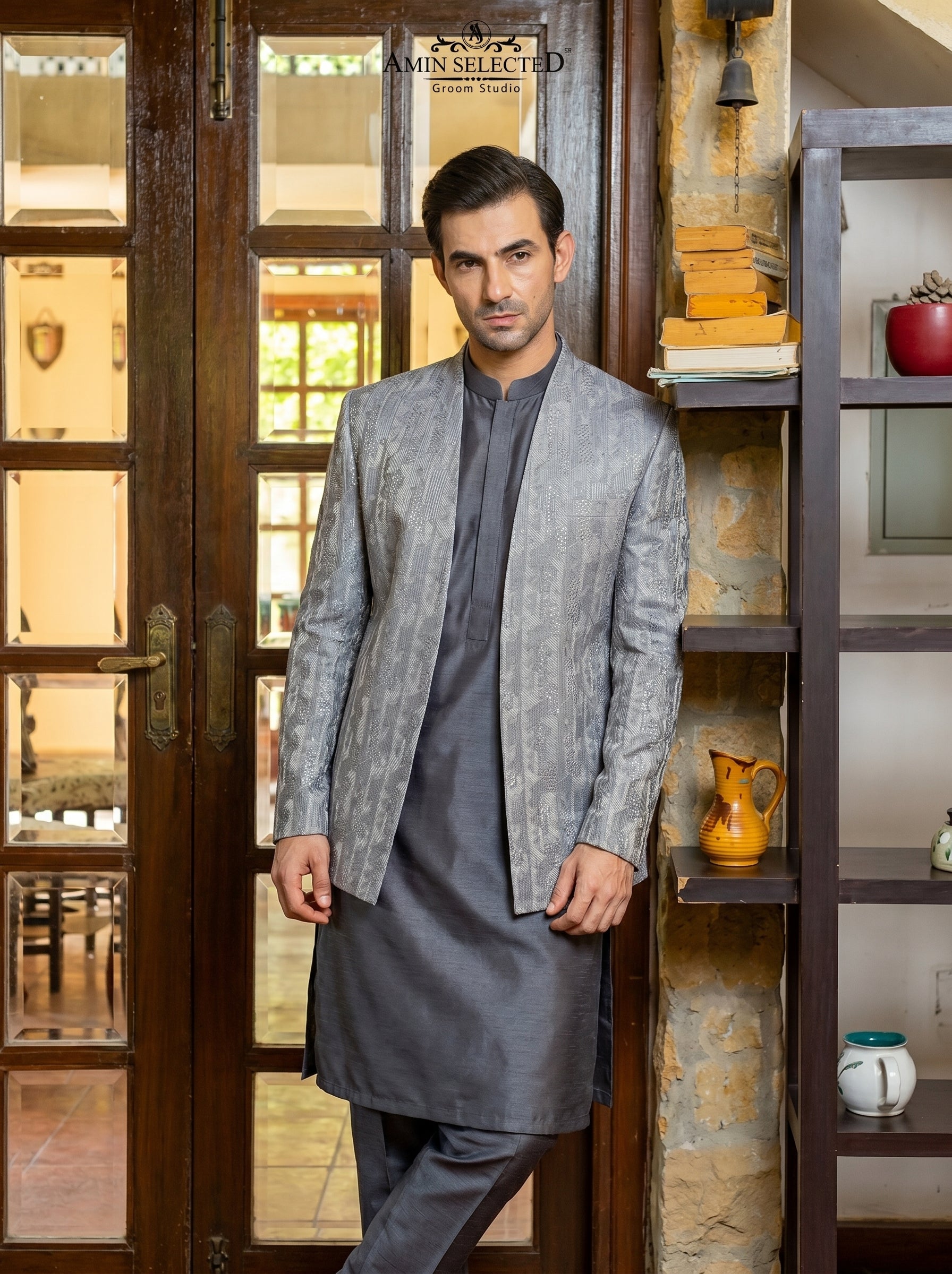 Silver Grey Raw Silk Abstract Geometric Mosaic Embroidered Open Front Prince Coat Crystal Sequins – Reception Barat Groom Wear Amin Selected Karachi