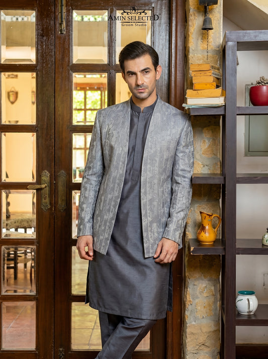 Silver Grey Raw Silk Abstract Geometric Mosaic Embroidered Open Front Prince Coat Crystal Sequins – Reception Barat Groom Wear Amin Selected Karachi