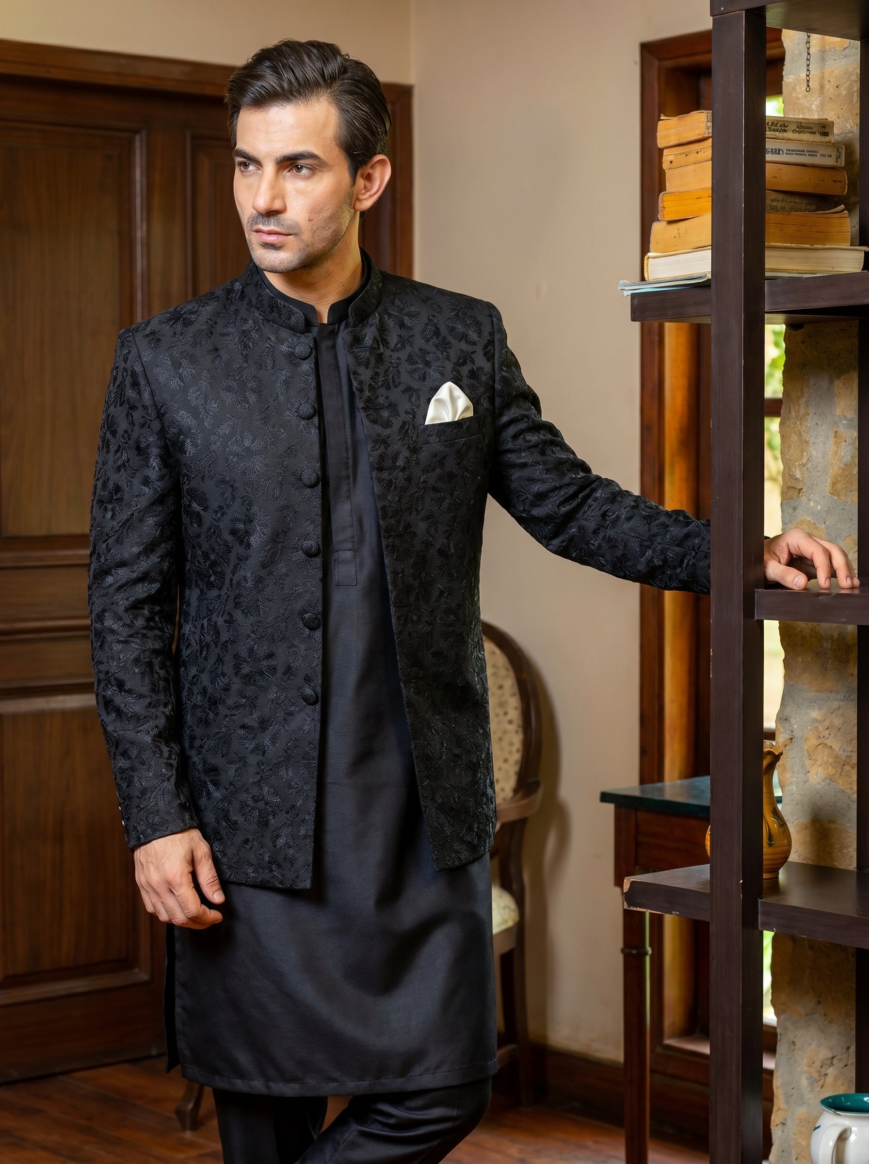 Jet Black Jamawar Tonal Floral Self-Embroidered Prince Coat Front View – Barat Reception Groom Wear Amin Selected Karachi