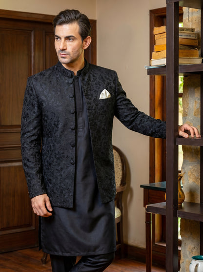Jet Black Jamawar Tonal Floral Self-Embroidered Prince Coat Front View – Barat Reception Groom Wear Amin Selected Karachi