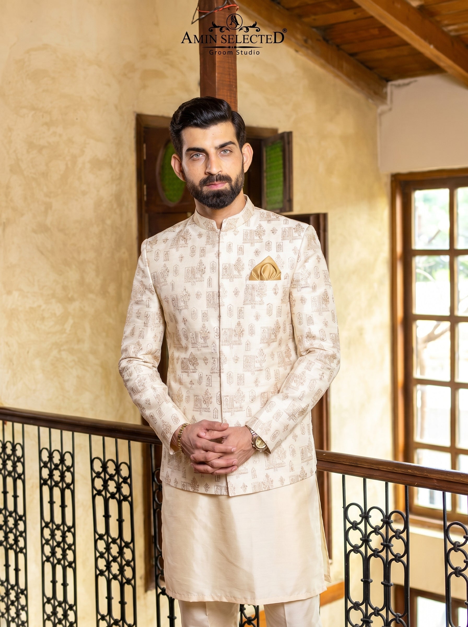 Ivory Raw Silk Mughal Motif Embroidered Prince Coat with Cream Kurta Complete 2-Piece Look – Walima Nikkah Groom Wear Amin Selected Karachi