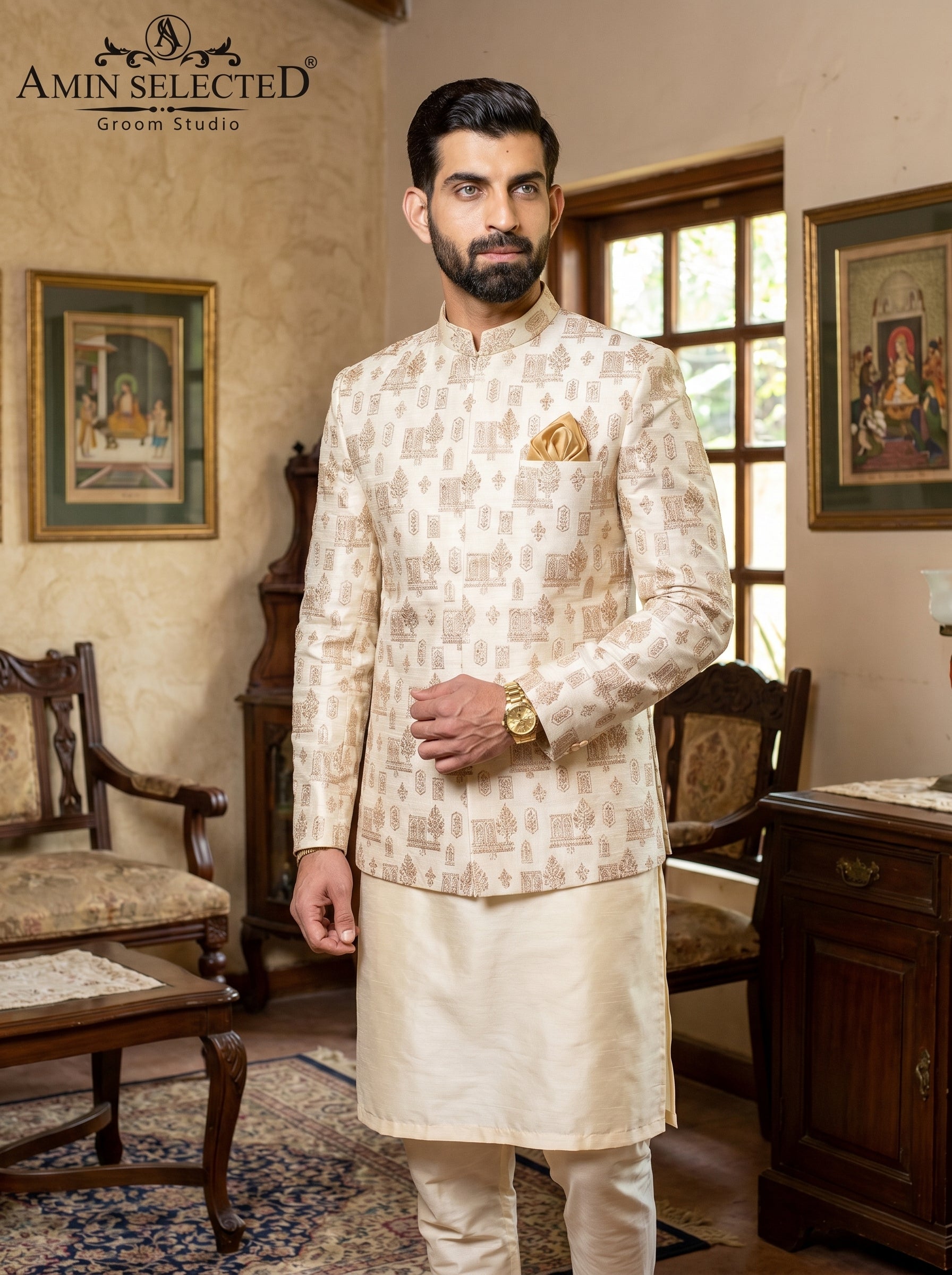 Ivory Raw Silk Mughal Motif Embroidered Prince Coat | Complete 2-Piece Look with Kurta | Walima & Nikkah Groom Wear | Amin Selected - Amin Selected 