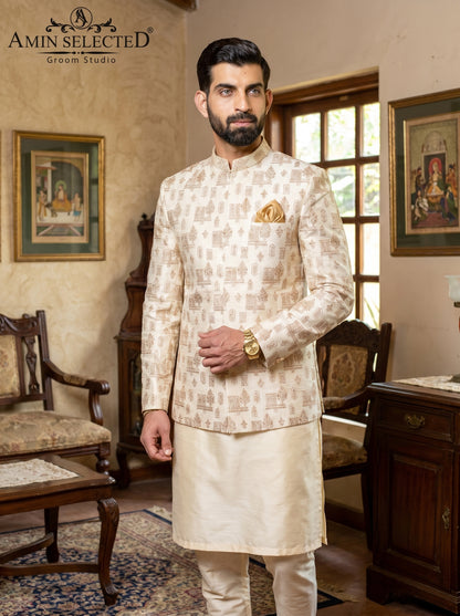 Ivory Raw Silk Mughal Motif Embroidered Prince Coat | Complete 2-Piece Look with Kurta | Walima & Nikkah Groom Wear | Amin Selected - Amin Selected 