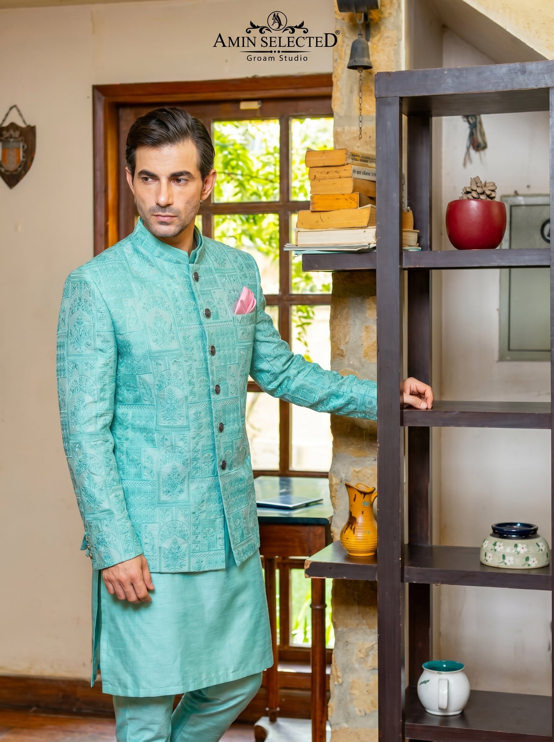 Mint Aqua Raw Silk Mughal Panel Embroidered Prince Coat | Mehndi & Engagement Groom Wear | Amin Selected - Amin Selected 
