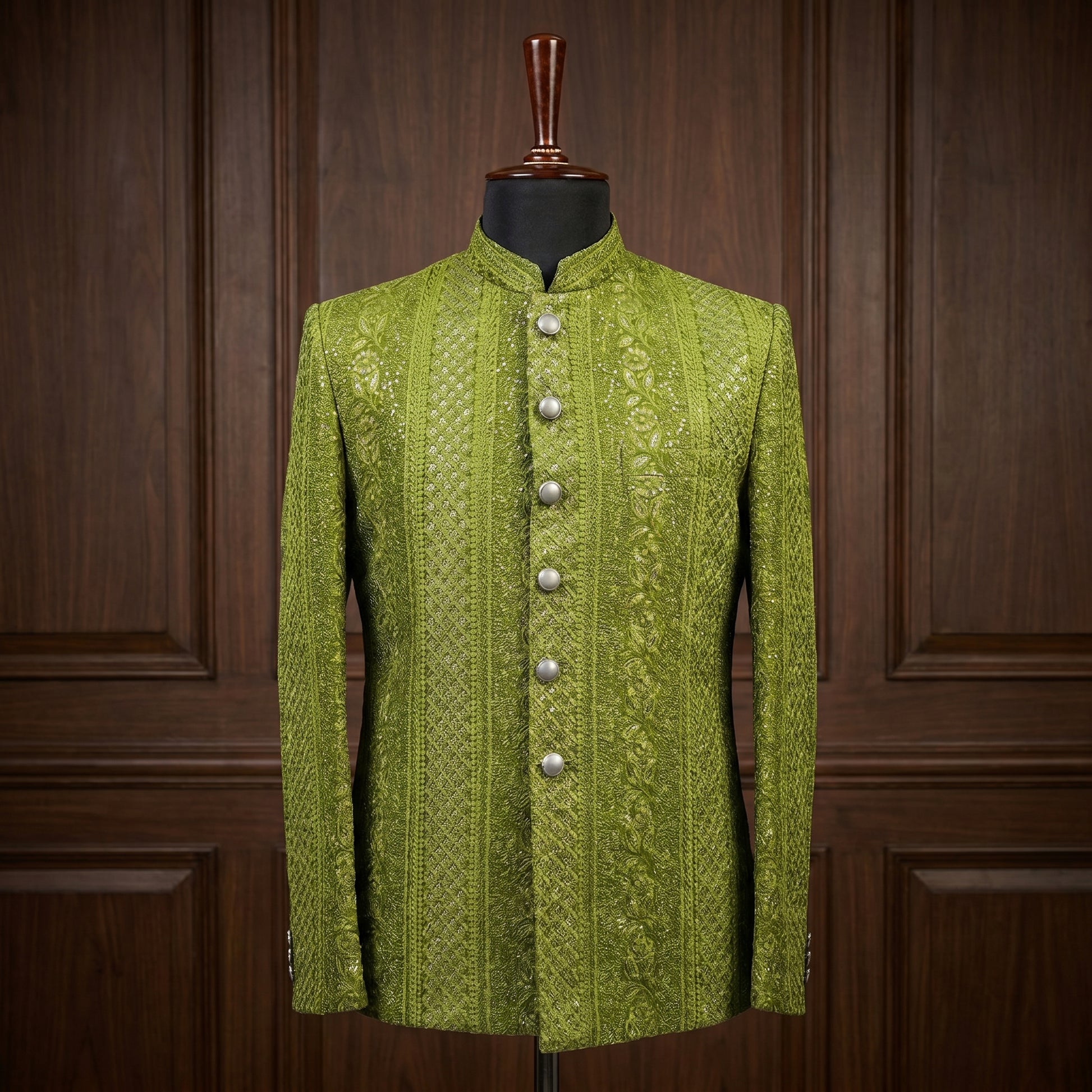 Mehndi Olive Heavy Embroidered Raw Silk Prince Coat Front View – Amin Selected Groom Wear Karachi